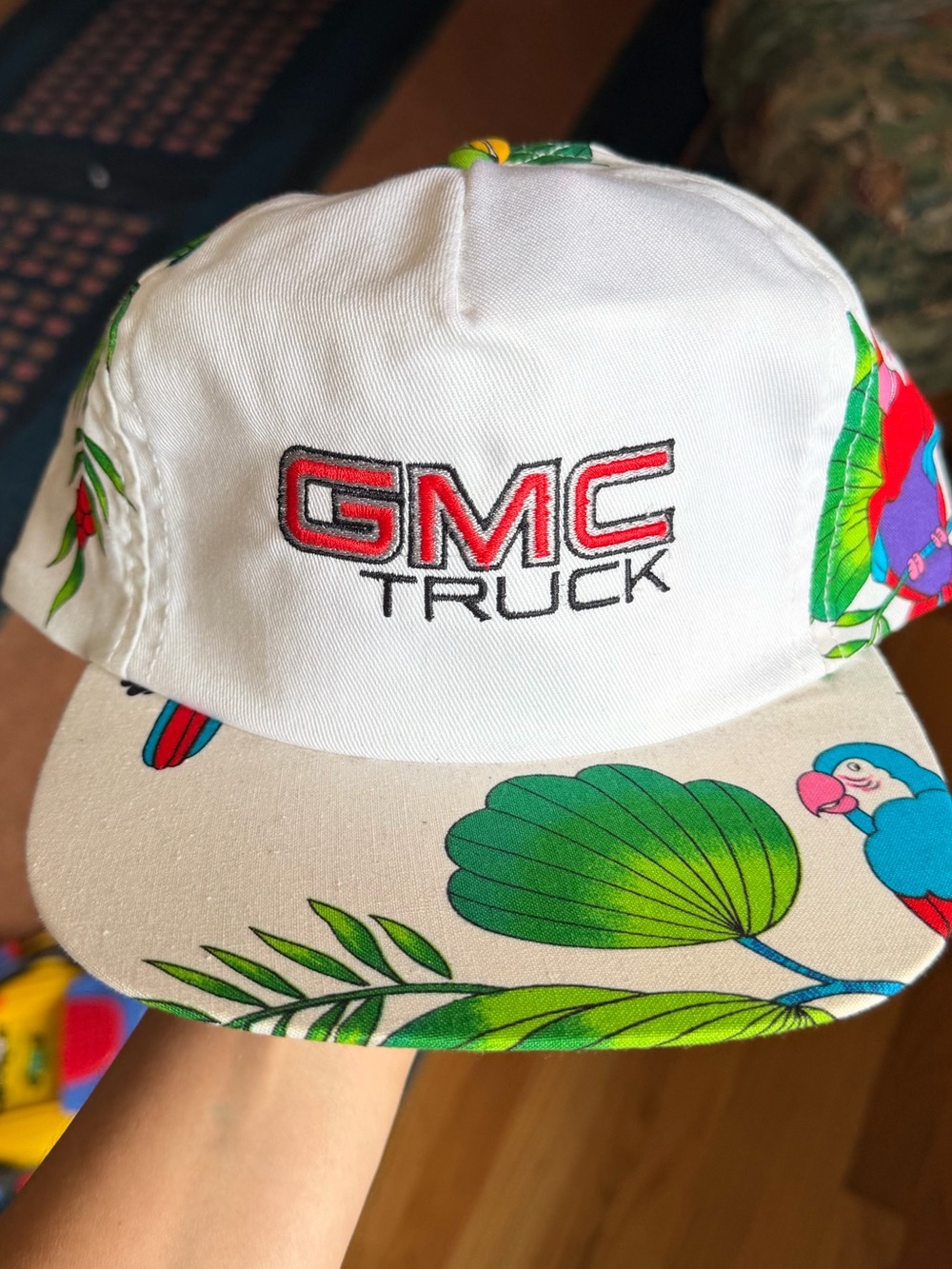 VTG 80s 90s GMC Truck Hat Tropical All Over Print Parrot Design Custom Made USA
